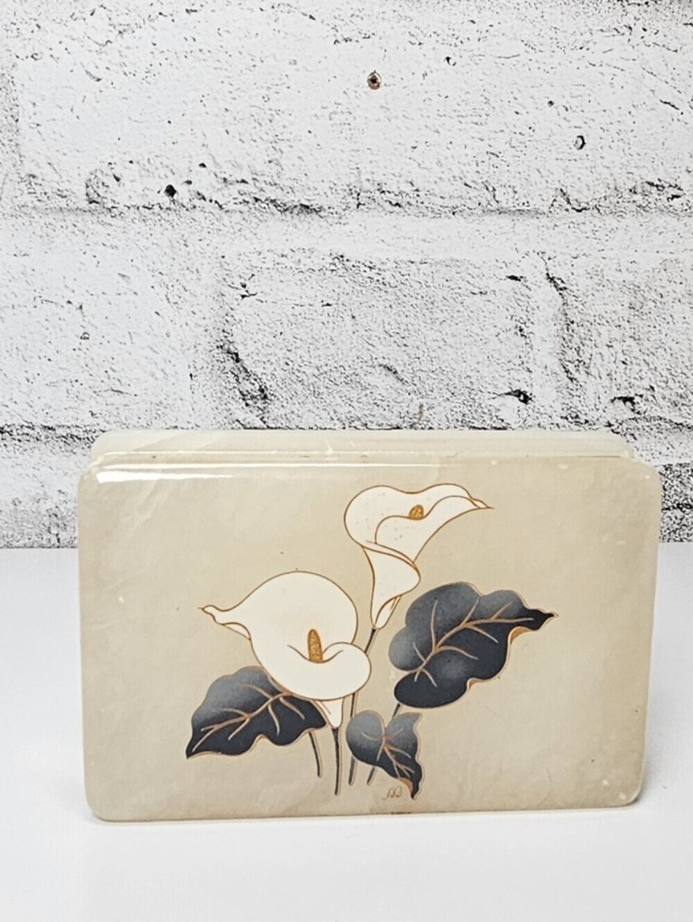 Vintage Genuine Alabaster Trinket Box Calla Lily Floral Gold Tone Italy